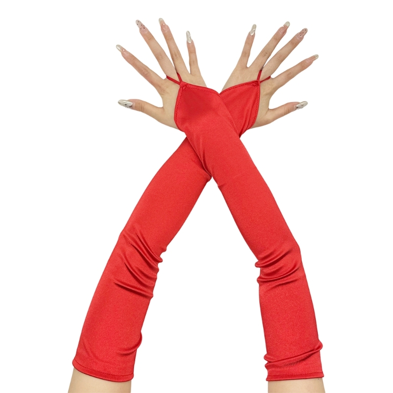 Long Gloves for Women Dancing Elastic Fingerless Gloves Satins: Red