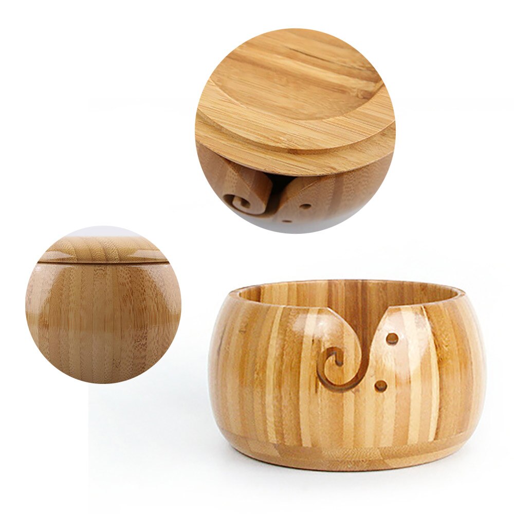 Bol de rangement en fil de bois naturel, organisateur de bol en laine tricotée crochet, bol de rangement en bambou, fournitures de couture tricots faits à la main à la maison