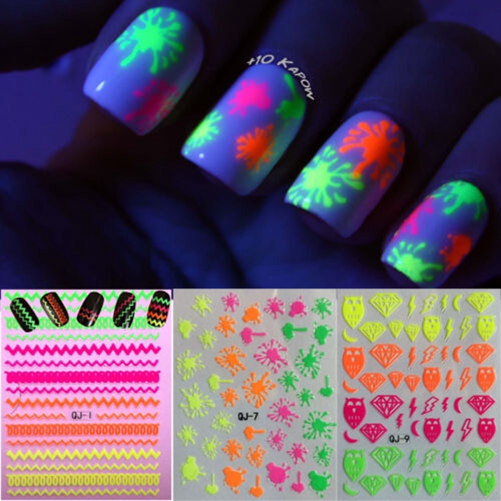 1 Pc Diy 3D Glitter Luminous Nail Sticker Fluorescentie Nail Decals Neon Sterren Flash Glow In Dark Decal Halloween Nail art Decors