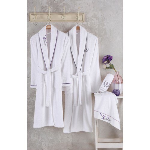 Nakkısh Embroideried Cotton 4 Piece Bathrobes SET-Lavender MEN WOMEN SET FAMILY COMBINED SOFT TEXTURED WHITE BATH TURKISH