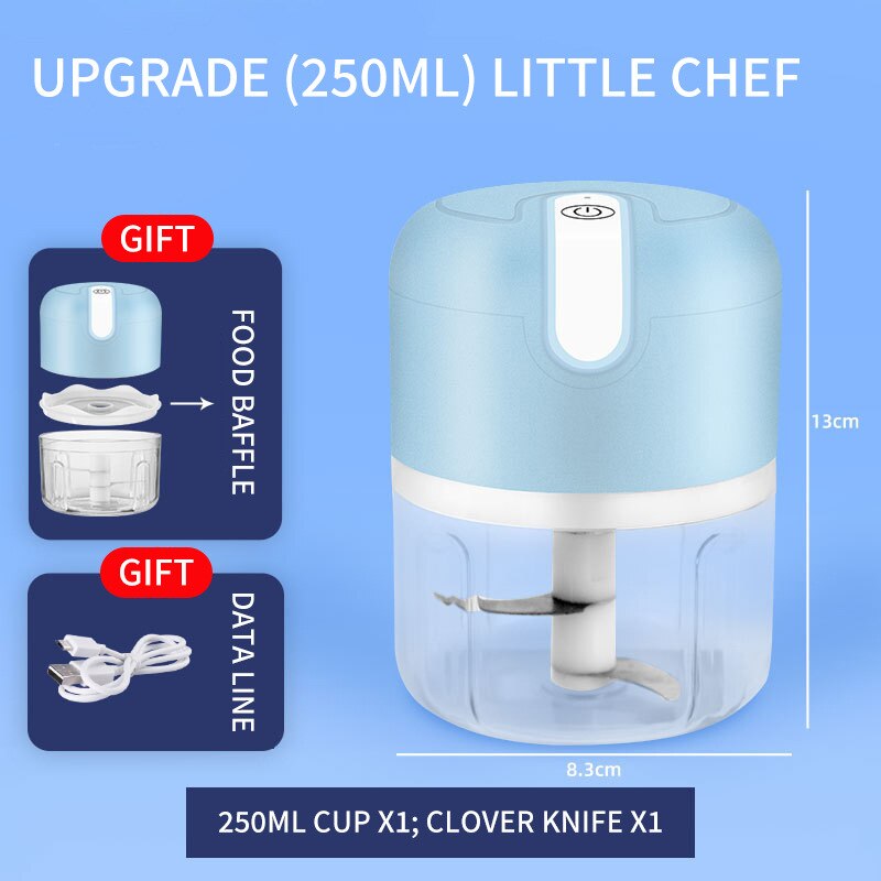 Machacador de ajo eléctrico automático, Mini picadora de prensa resistente, picadora de verduras, Chile, carne, USB, inalámbrico, herramientas de cocina: A Blue (250ml)
