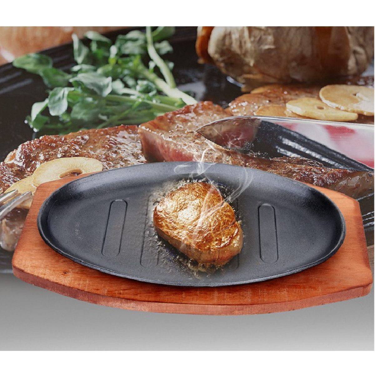 Cast Iron Steak Fajita Sizzling Platter Plate BBQ Grill Pan Cooking Wooden Holder