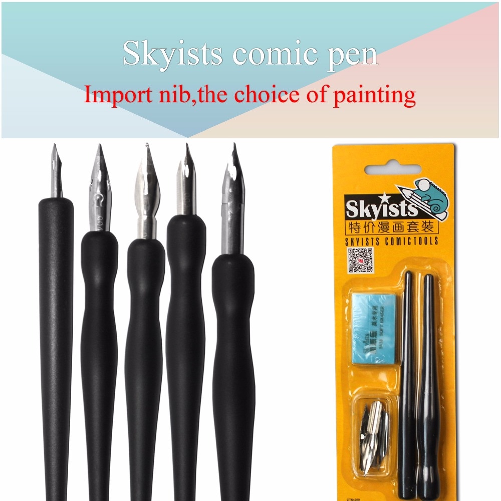 Skyists Dip Pen Set (5 Penpunten (G/D/Ronde Penpunt) + 2 Plastic Handvat + 1 Gum) voor Manga Comic Gereedschap Art Set