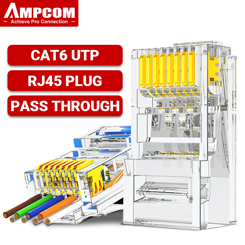 AMPCOM RJ45 Connector 50U Gold Plated CAT7 CAT6 CAT5E Pass through Modular Plug 8P8C Crimp End for Solid Wire Stanrded Ethernet: black / 0.2M