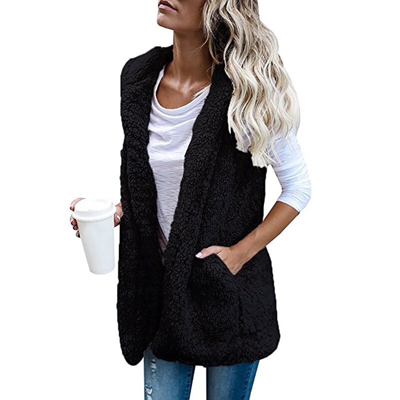 Hooded Vest For Women Autumn Winter Thick Warm Lamb Cashmere Coat Sleeveless Pocket Vests Jacket Outwear Casual Vest