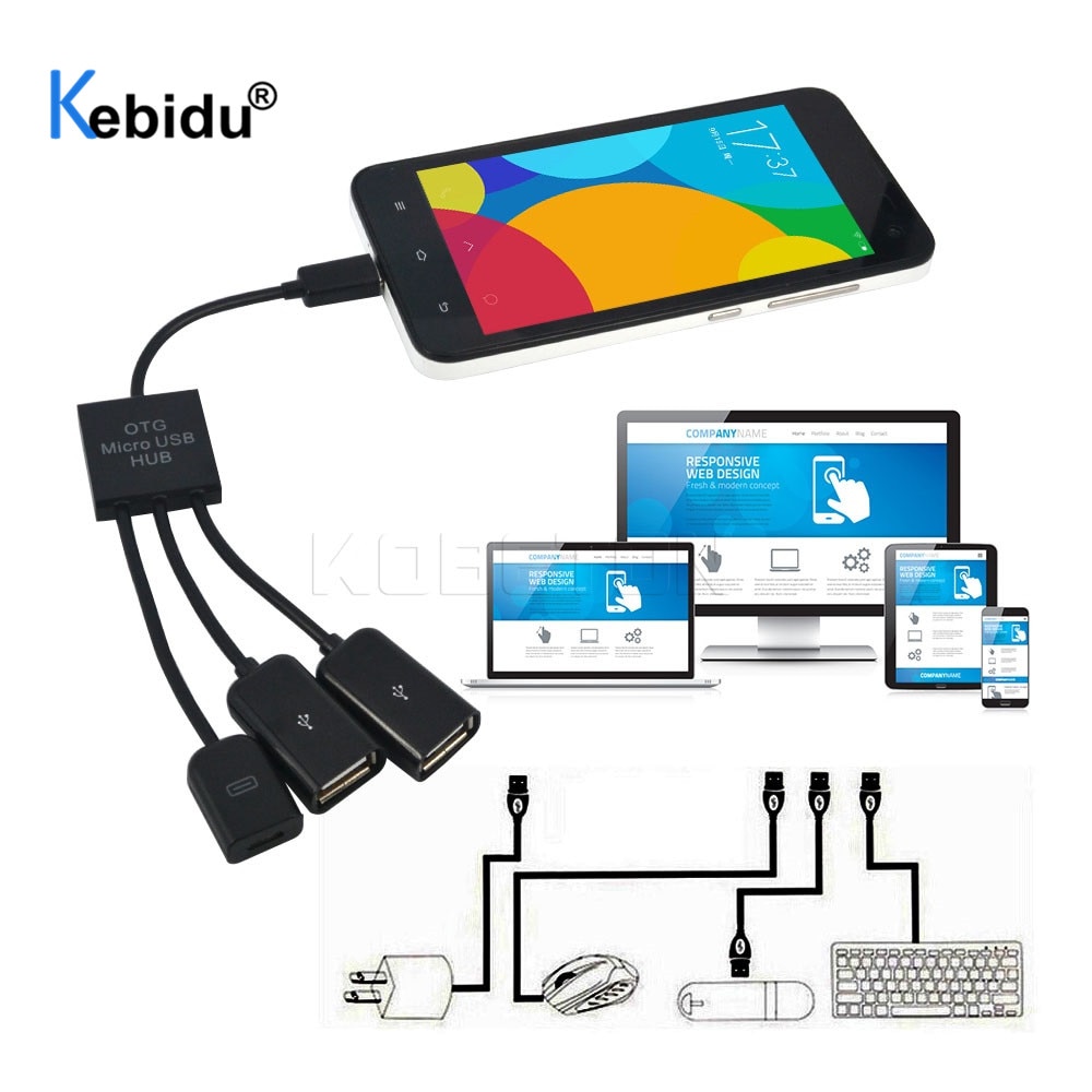 Kebidu Micro Usb Otg 3 Port Power Opladen Hub Kabel Spliter Connector Adapter Voor Smartphone Computer Tablet Pc