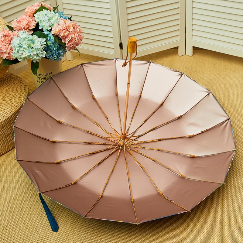 Japanse stijl bloemen paraplu regen vrouwen anti uv zonneparaplu houten handvat drie opvouwbare paraplu's zilveren coating 16k parasols