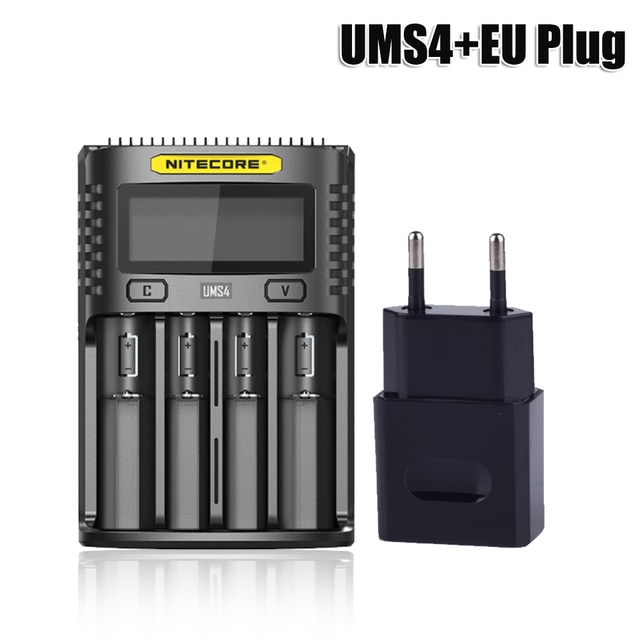 NITECORE UMS4 Batterie ladegerät QC Schnelle Ladung 4A mit 4 Slots Ausgang LCD Display Für 18650 14500 16340 26650 21700 AA AAA Batterie: UMS4 and EU Plug