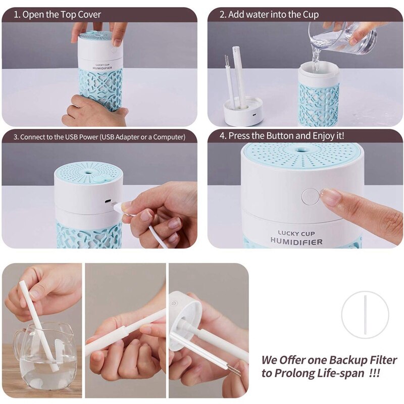 USB Spray Water Humidifier LED Lamp USB Air Humidifier Bedroom Home Office Car,Blue