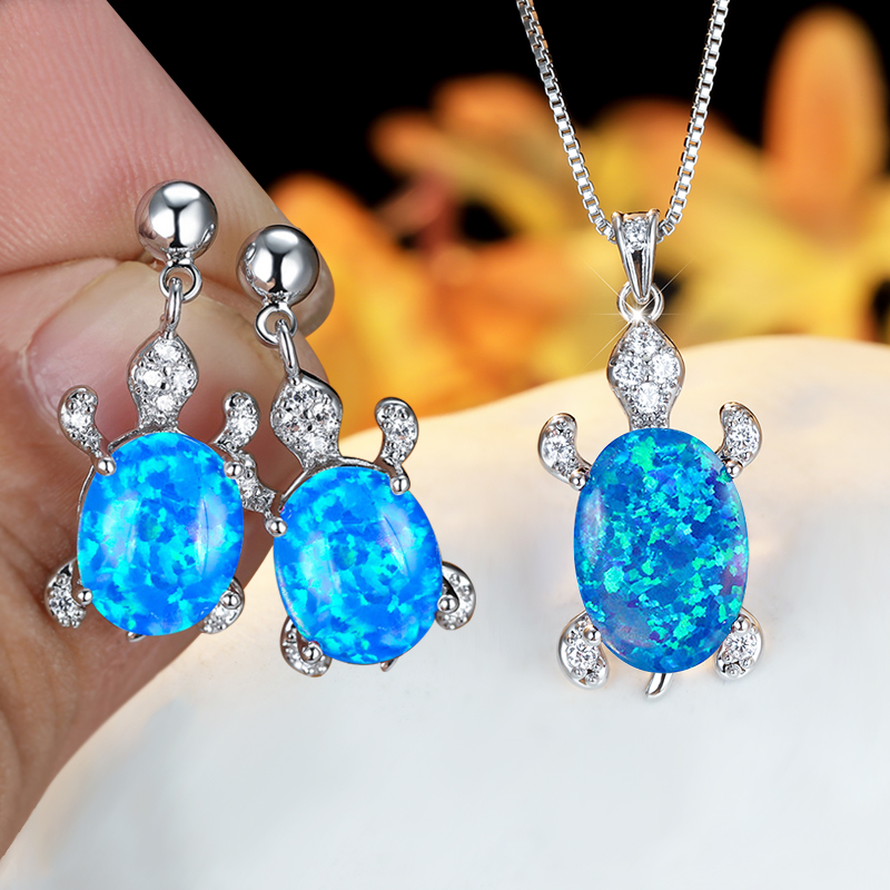 Regenboog Opaal Grote Ovale Steen Zee Schildpad Sieraden Sets Multicolor Crystal Tortoise Kettingen Oorbellen Voor Vrouwen Wedding Bridal Sets: Blue Opal
