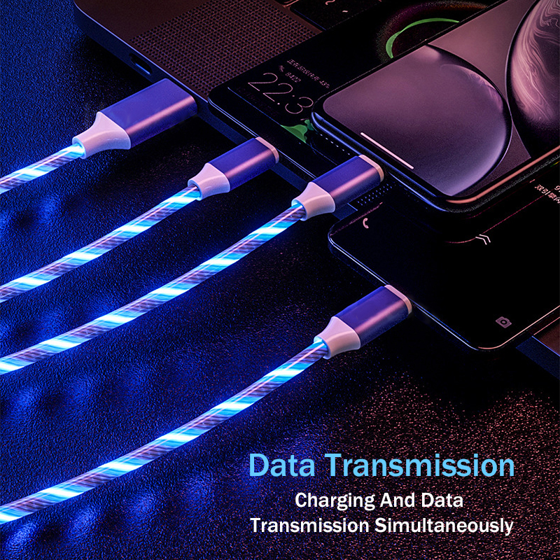 3 In 1 Glow Vloeiende Charger Cable Micro Usb Type C Kabel 1.2M Kleuren Led Licht Snelle Opladen Draad voor Iphone 12 Xiaomi 11 Redmi