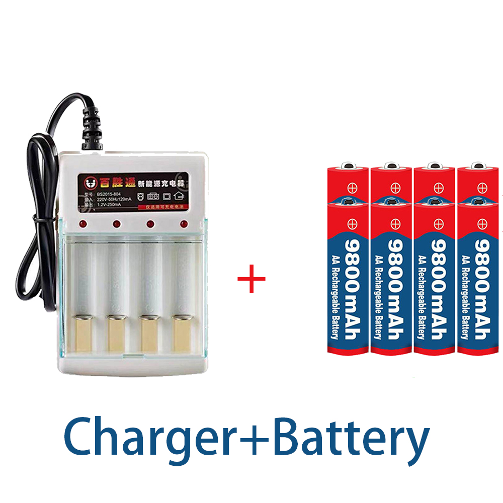 Tag AA battery 9800 mah rechargeable battery AA 1.5 V. Rechargeable Alcalinas drummey +1pcs 4-cell battery charger: Red