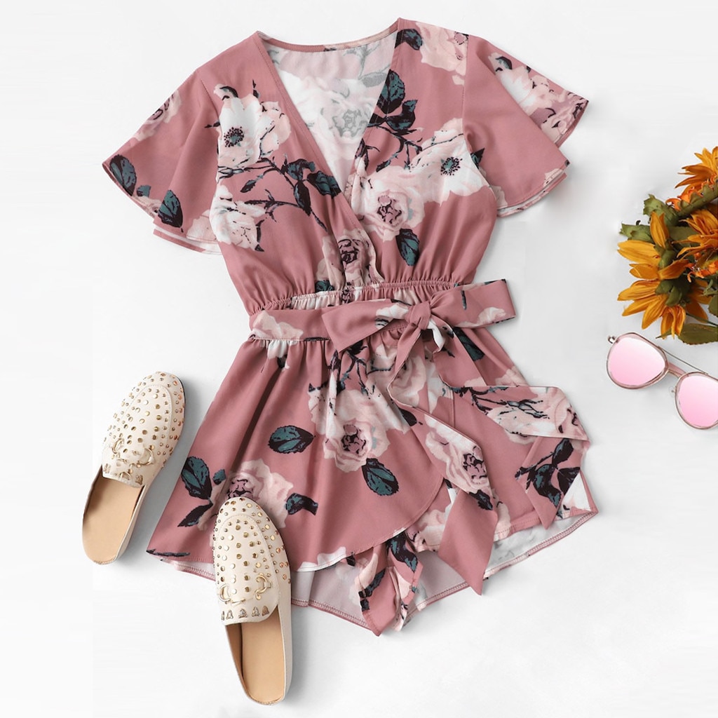 Women's V-Neck Short Sleeve Bow Tie Ladies Summer Shorts Jumpsuit Floral Print Wrap Casual Romper Bohemian Playsuits