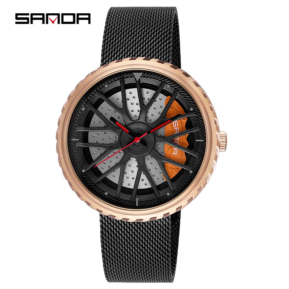 Relojes para hombre, Casual, estilo de rueda de coche, relojes de pulsera creativos para hombre, esfera de rueda de carreras 3D, reloj de cuarzo para hombre, reloj Masculino: Steel grid gold