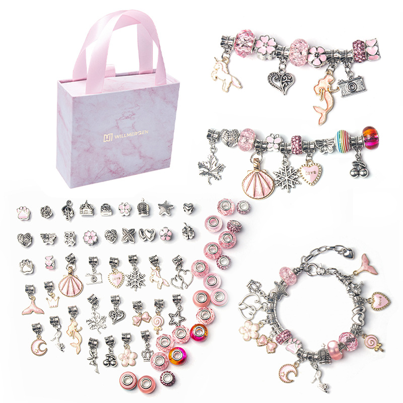 Mädchen DIY Charme Armband Halsketten Schmuck Machen Kit mit Rosa Box für Mädchen Frauen Valentines Geburtstag Weihnachten: pink