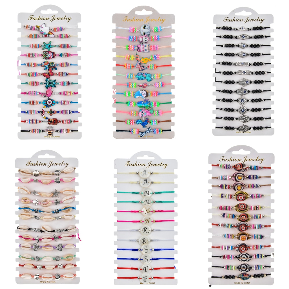 12 pièces/lot cristal coquille tressée corde Bracelet ensemble à la main réglable lettre perles Bracelets pour femmes filles enfants manchette bijoux