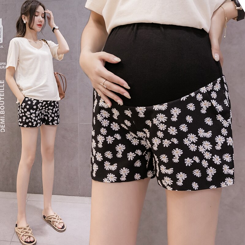 Gravid kvinde shorts sommer løse bredbenede bukser blomstertryk høj talje graviditet lige bukser