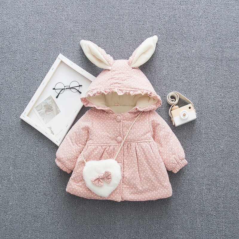 Abrigo con capucha de dibujos animados para niña con bolsa de amor, abrigo grueso de invierno para niños que mantienen el calor, Chaqueta de algodón para otoño para niñas: pink / 12M