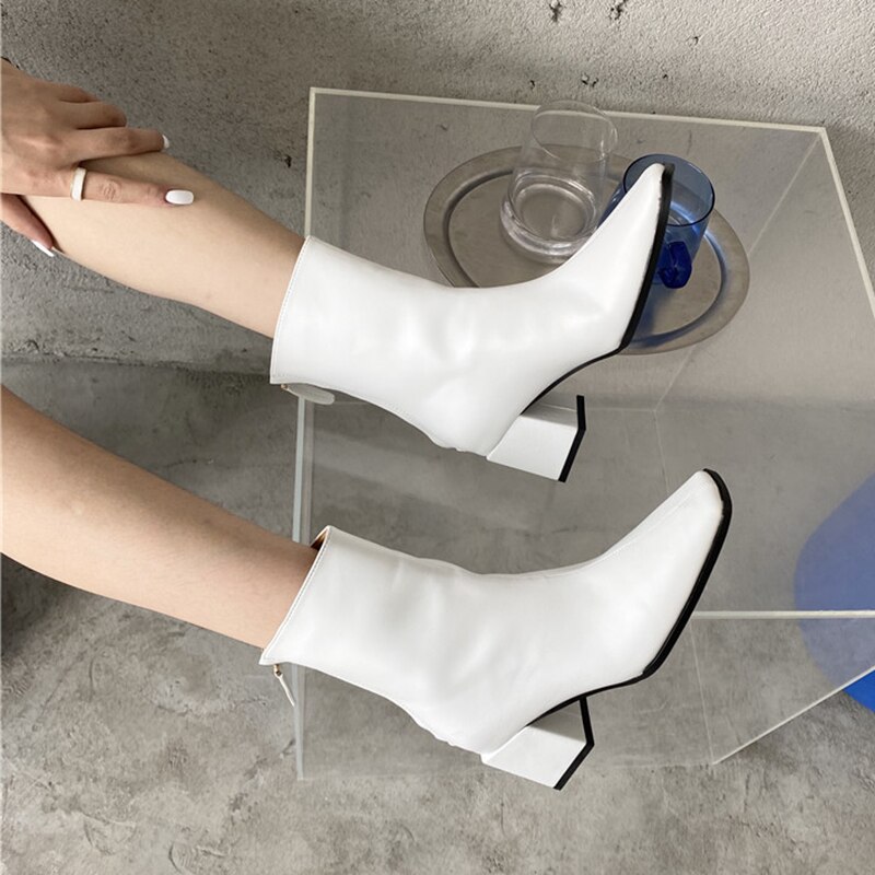 Winter Ins Elegante Vrouwen Wit Blok Hoge Hakken Enkellaarsjes Lady Vierkante Neus Korte Laarzen Chelsea Laarzen Party schoenen