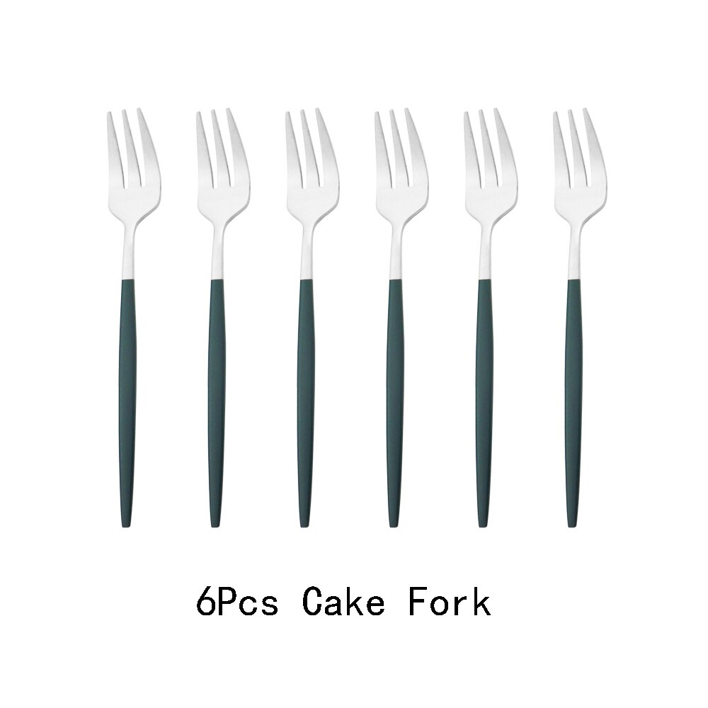 6Pcs Coloful Fork Set Tea Cake Snack Forks Dinnerware Cutlery Matte Stainless Steel Tableware Dessert Fruit Fork Silverware Set: Green Silver
