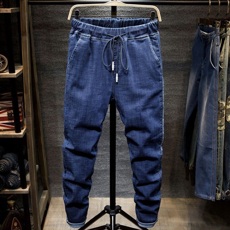 Salopette en jean homme personnalité masculine noir denim étudiant sarouel élastique stretch pieds minces pantalon Super grande taille 7XL 6XL: Blue / 5xl