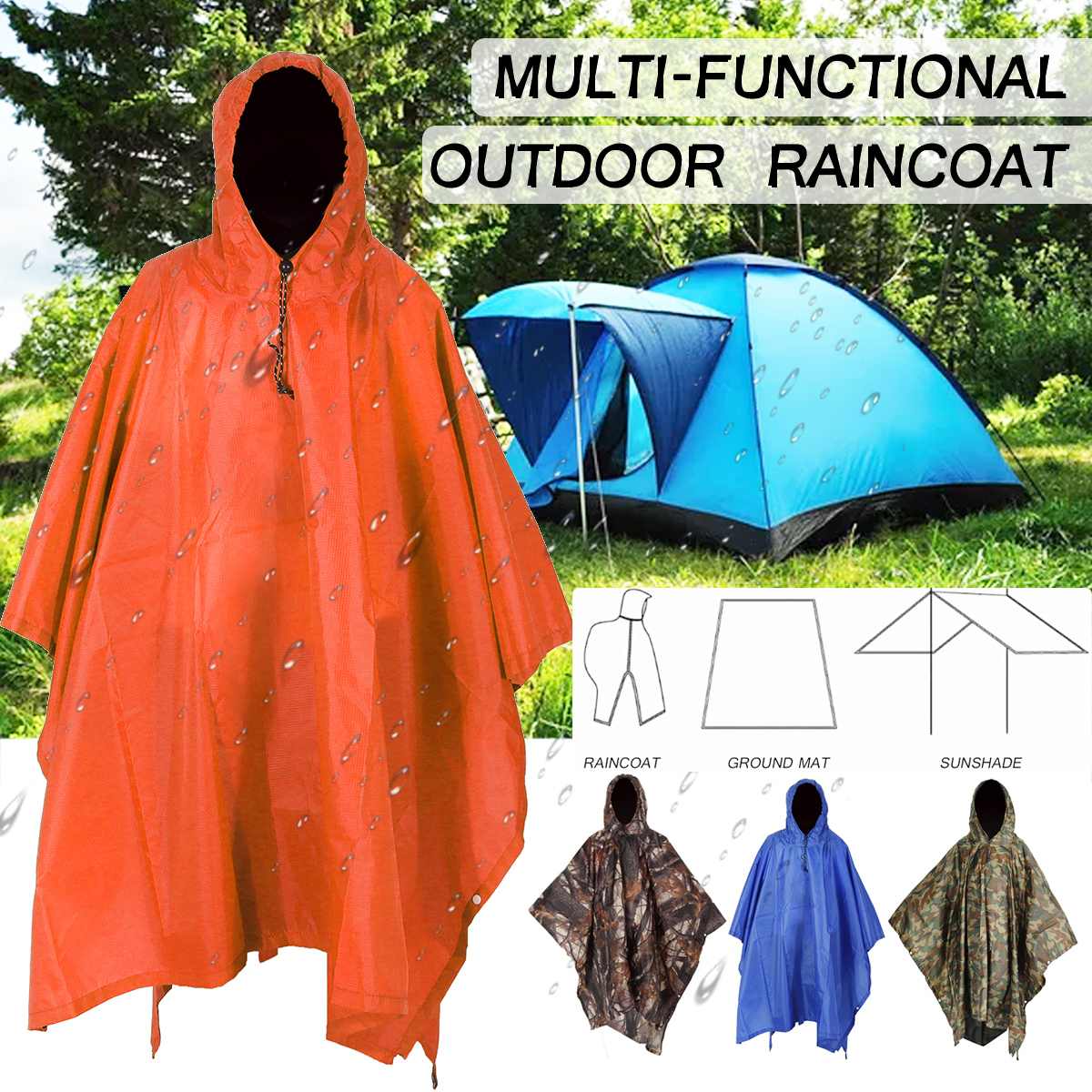 3 in 1 Raincoat Backpack Rain Cover Rain Coat Hood Hiking Cycling Rain Cover Poncho Waterproof Tent Outdoor Camping Tent Mat