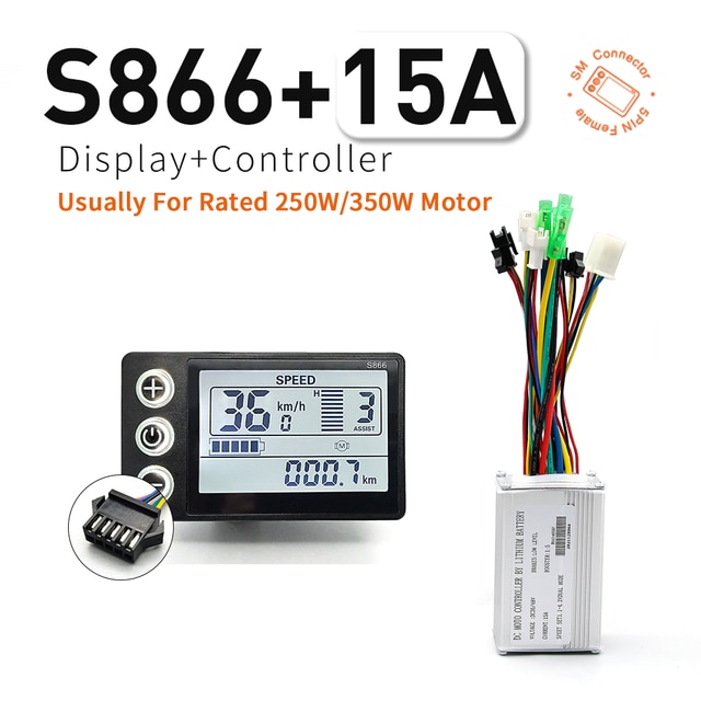 Ebike 250W 500W Controller and LCD Display 36V 48V LCD866 LCDGD01 LCDS900 Electric Bicycle Bike Display Controller: S866 15A SM Plug