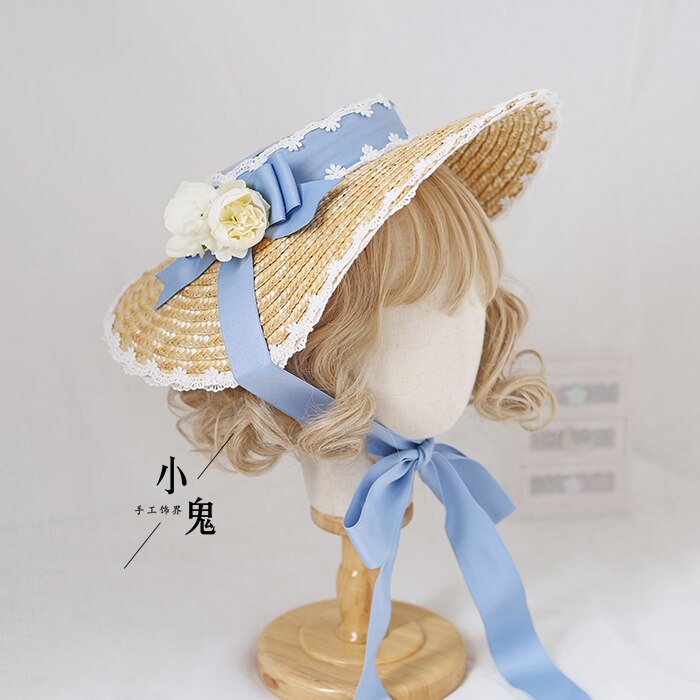 Sombrero de paja de flor con lazo bonito de Lolita, tocado para niñas, sombrilla plana, sombrero plano, adornos para el cabello hechos a mano, Cosplay