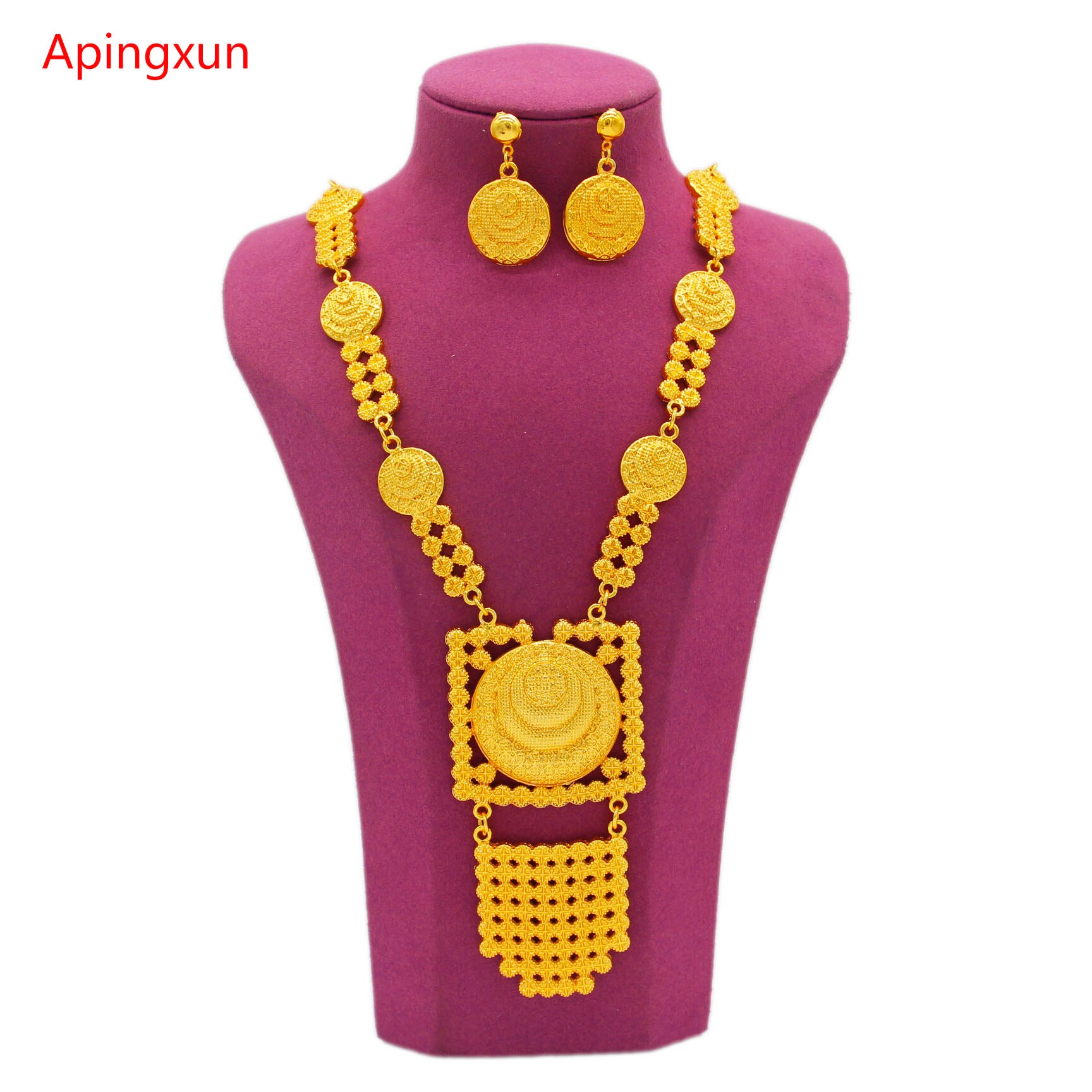 Apingxun 24K Ketting &amp; Oorbellen Sieraden Set Ronde Vorm Oorbel Afrikaanse Arabische Franse Vrouwen Bridal Wedding Luxe Sieraden Vrouw