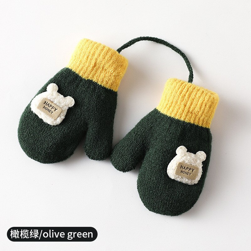Guantes de dibujos animados para niños, manoplas suaves y cálidas, de punto, accesorios de Navidad: Olive Green