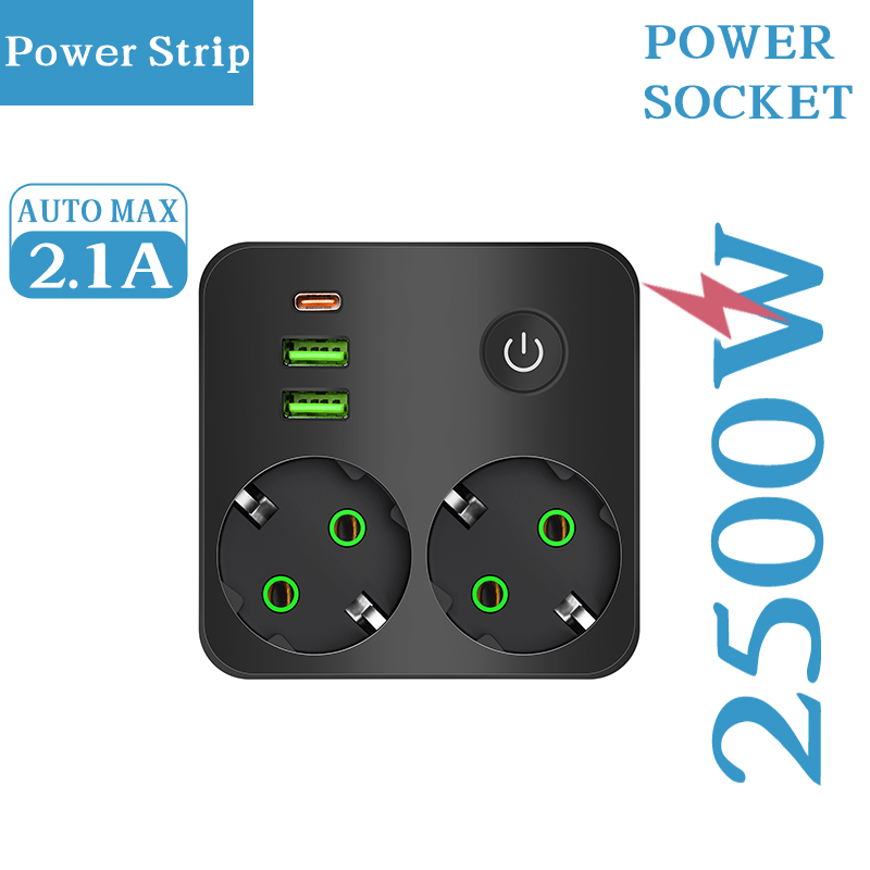 Eu-uttag 2 uttag multitap-vägggrenuttag eluttag utan förlängningssladd med 2 usb 1 typ-c-portar 2500w maxeffekt: Svart