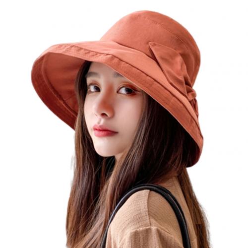 Women Solid Color Bowknot Wide Brim UV Protection Summer Sun Hat Bucket Cap: Auburn