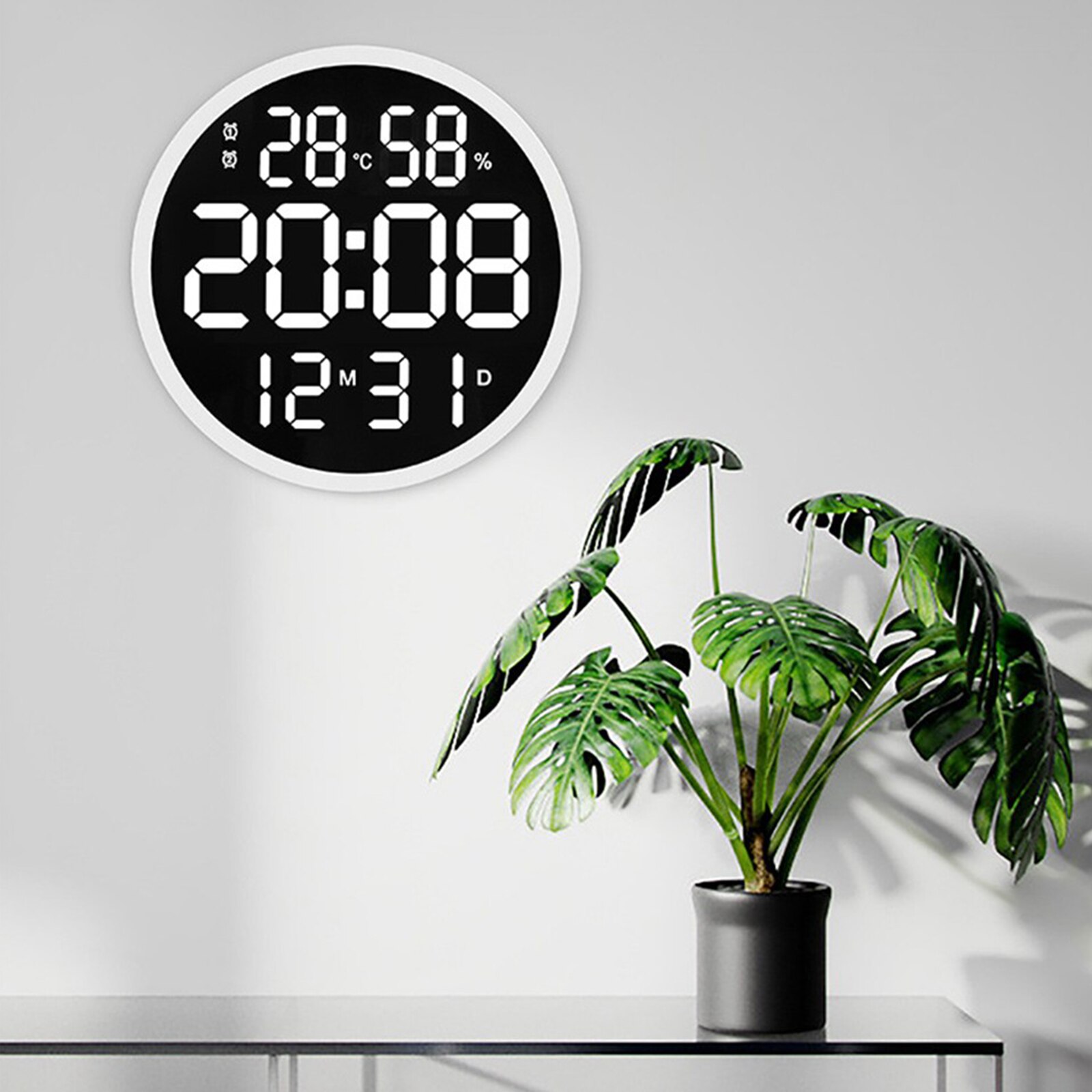 Reloj Digital de pared con gran número de LED, reloj electrónico moderno con temperatura y humedad: White