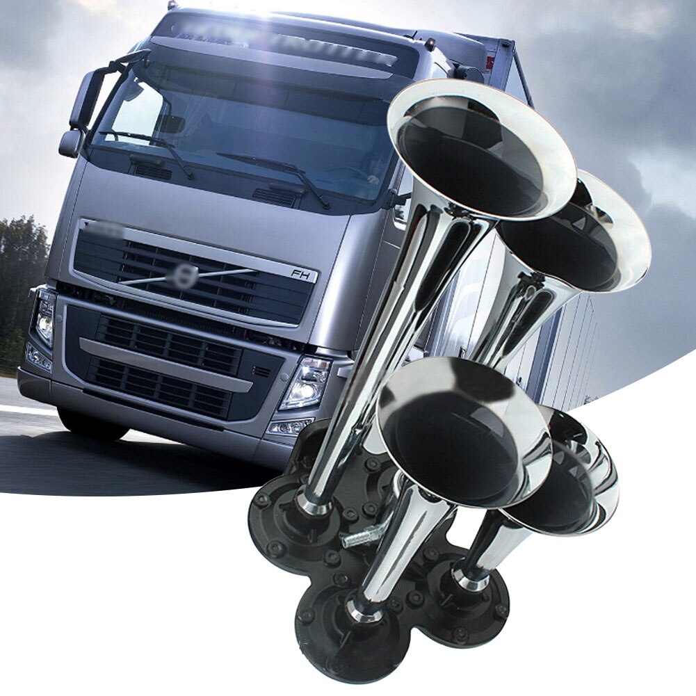 Quad 4 Air Horn Four Trumpet 120dB Loud 12-24 Volt Car Truck Metal Durable