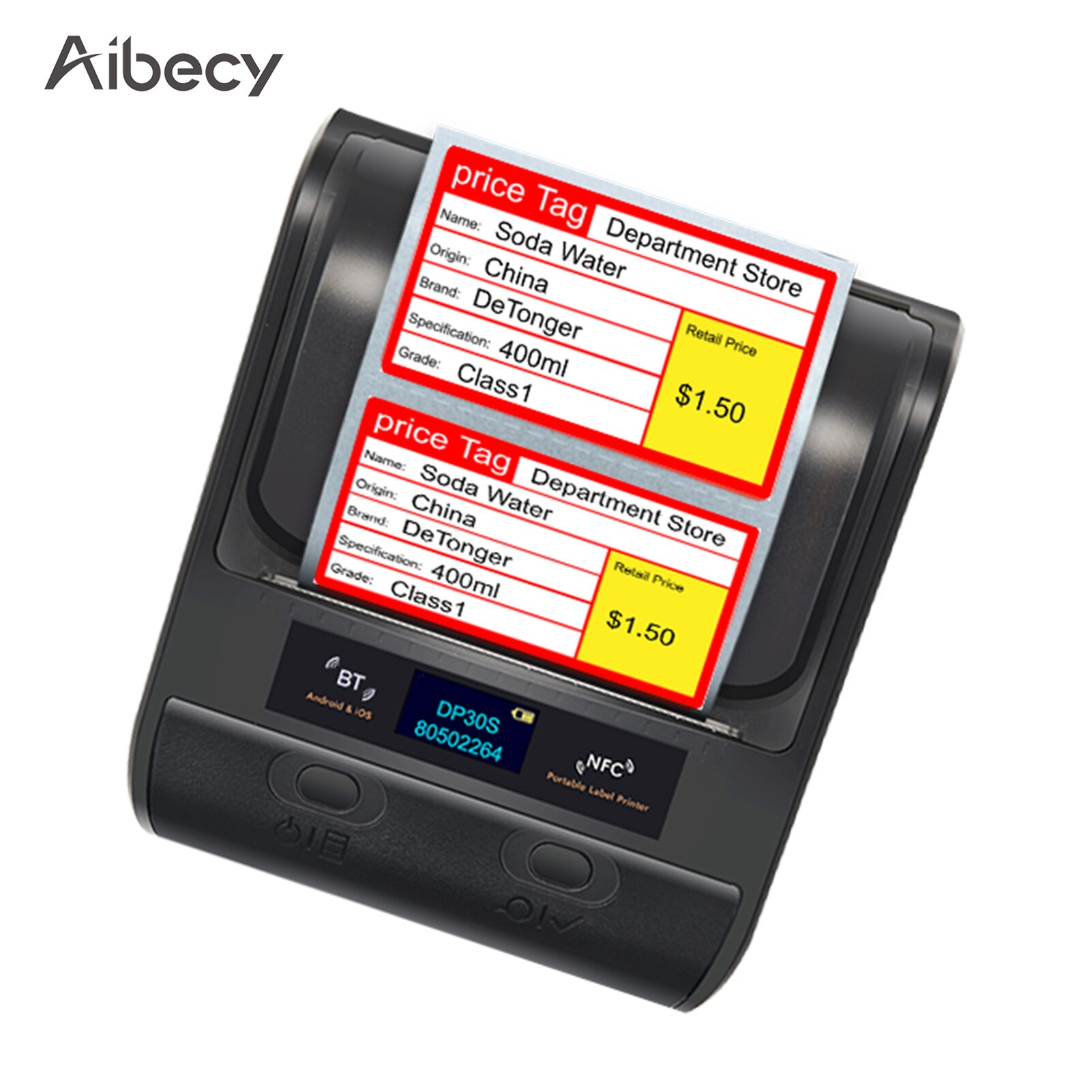 Aibecy DP30 Portable All in One Wireless Thermal Printer 3 Inch 80mm Paper Width for Express Label USB BT NFC for Store: black