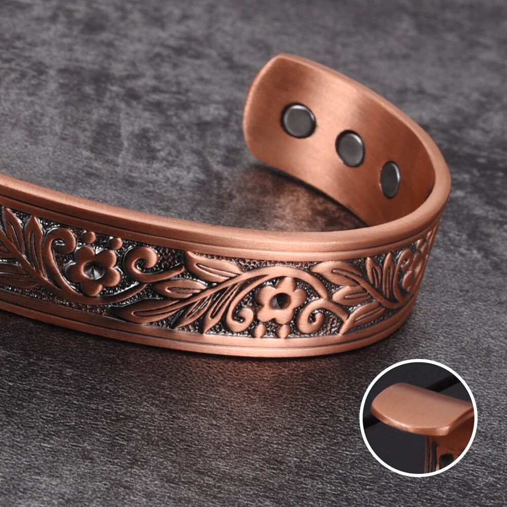 Vinterly magnetisk kobber armbånd menn bred helse energi magnet helse armbånd blomst justerbar mansjett kobber armbånd for kvinner
