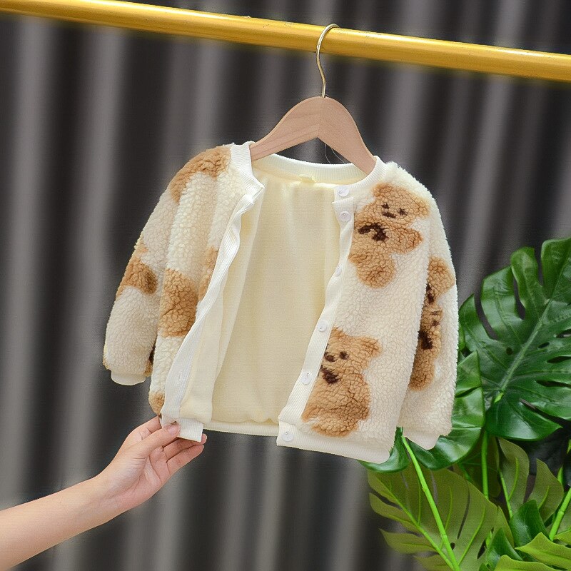 Chaqueta con estampado de oso para niña pequeña, a la abrigo grueso, ropa bonita para mantener el calor, Tops suaves, Otoño e Invierno