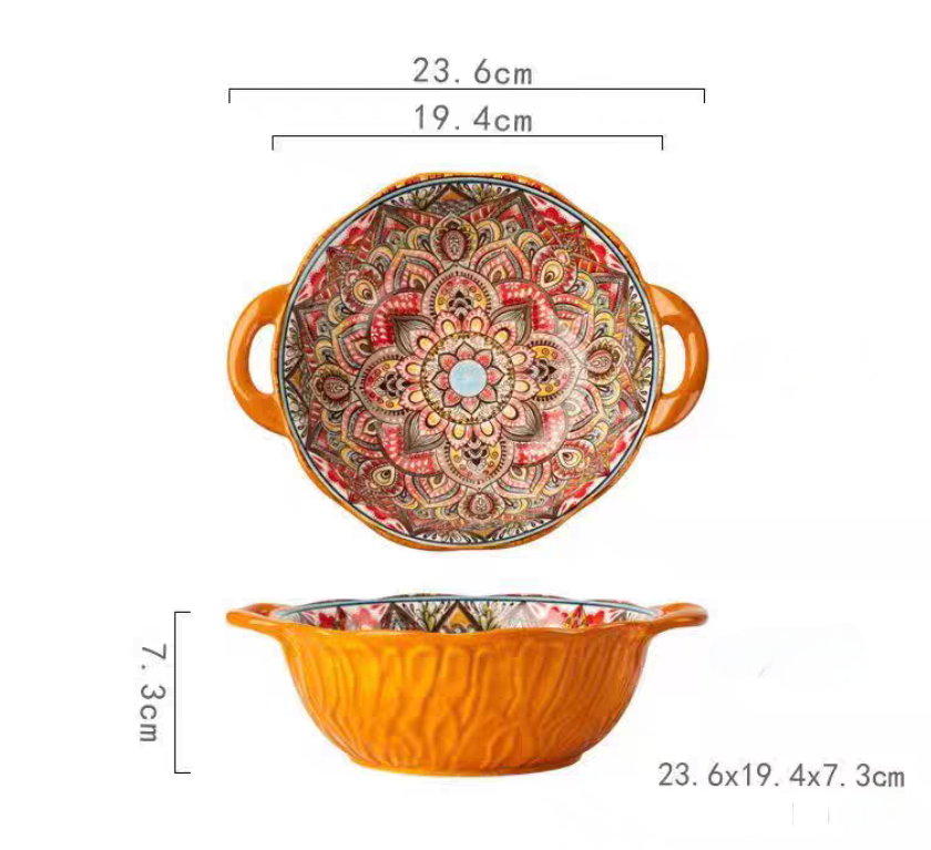 Tigela de sopa de cerâmica estilo boêmio com alça, design seguro para micro-ondas em relevo, ótimo para servir sopa, saladas, macarrão ramen: Laranja