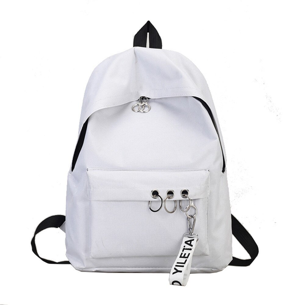 Mochila feminina leve com anel, bolsa escolar ombro decoração viagem: WHITE