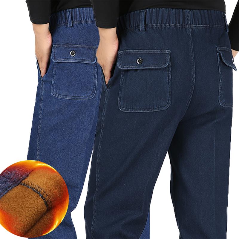 Heren winter worm fleece jeans vader hoge elastische taille fluwelen casual rechte plus size denim broek