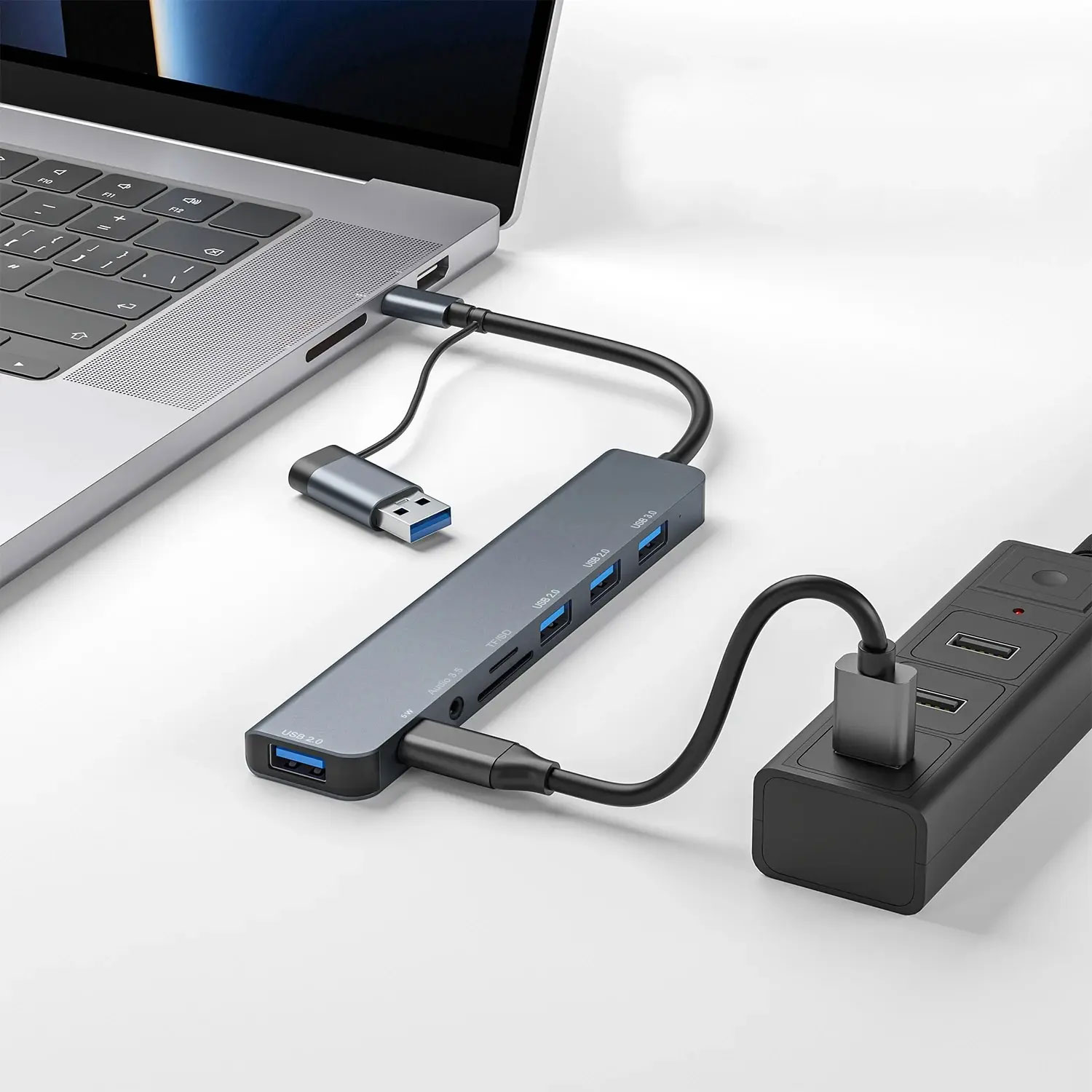 Airies USB 3.0 en aluminium 8 en 1, z 1 X USB 3.0, 3 X USB 2.0 i 1 X USB C, czytnik kart SD/TF, 3,5 mm, porty m.com