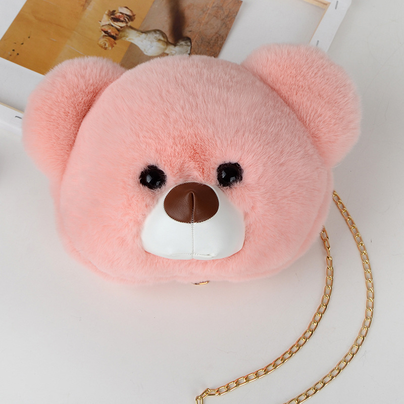 Women Plush Hairy Bag Female Cute Chain Shoulder Messenger Bag Girl Doll Cat Bear Head Bag: 05