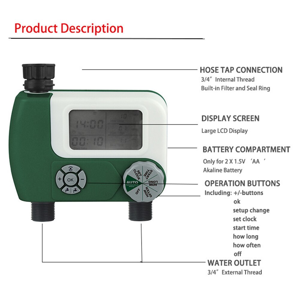 Irrigation Controller Dual Interface Outdoor Automatic Garden Water Timer LCD Display ABS Tool Battery Powered Home Intelligent
