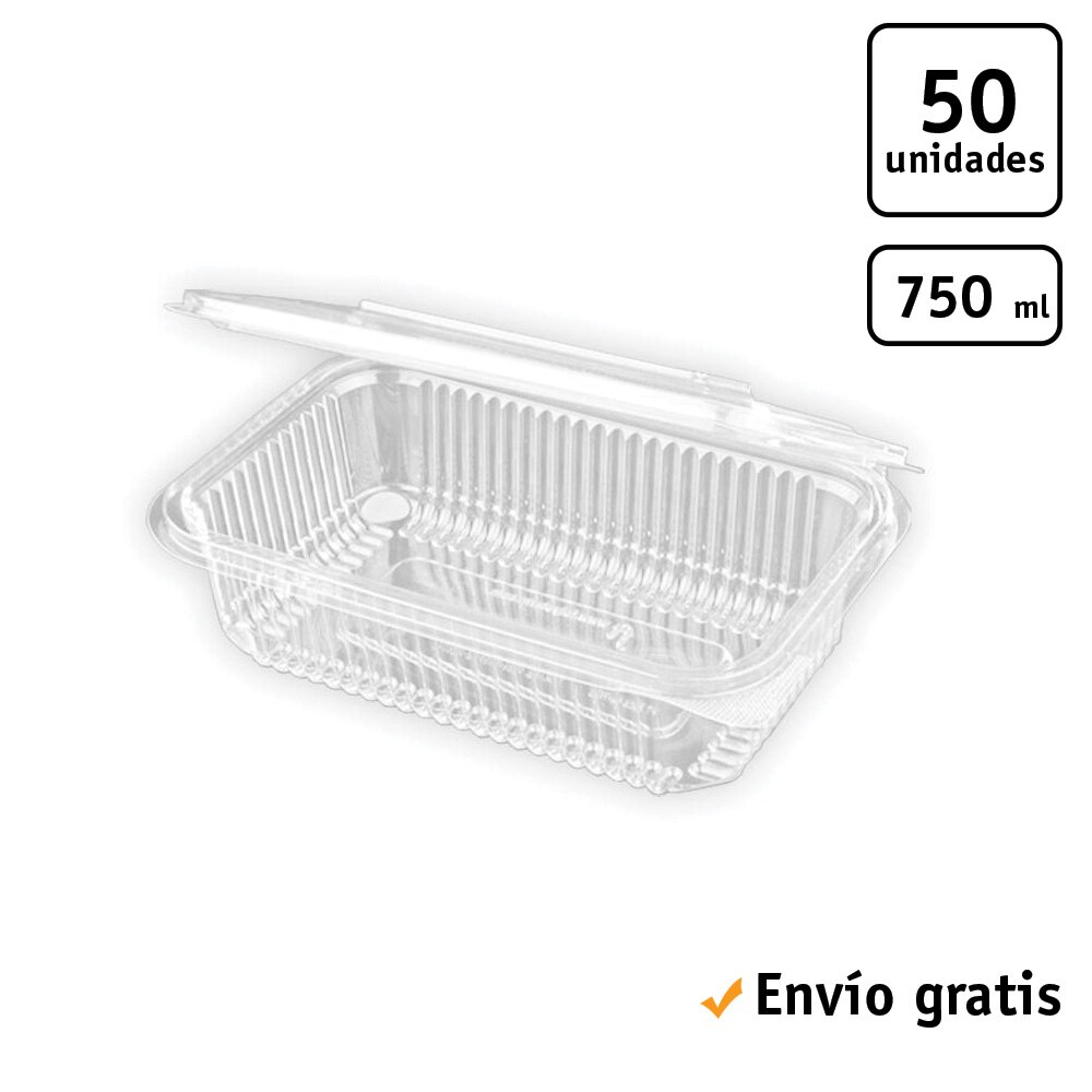 TELEVASO - Envase rectangular con tapa bisagra para comidas frías - Polietileno (PET) transparente, recipiente hermético: Envase Bisagra Rectangular 750 ml (50 Uds)