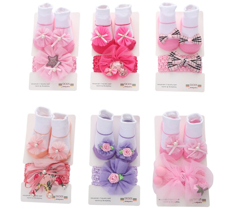 Belle bébé filles paillettes étoile gaze fleur décoré anti-dérapant coton cheville chaussettes avec élastique bandeau ensemble
