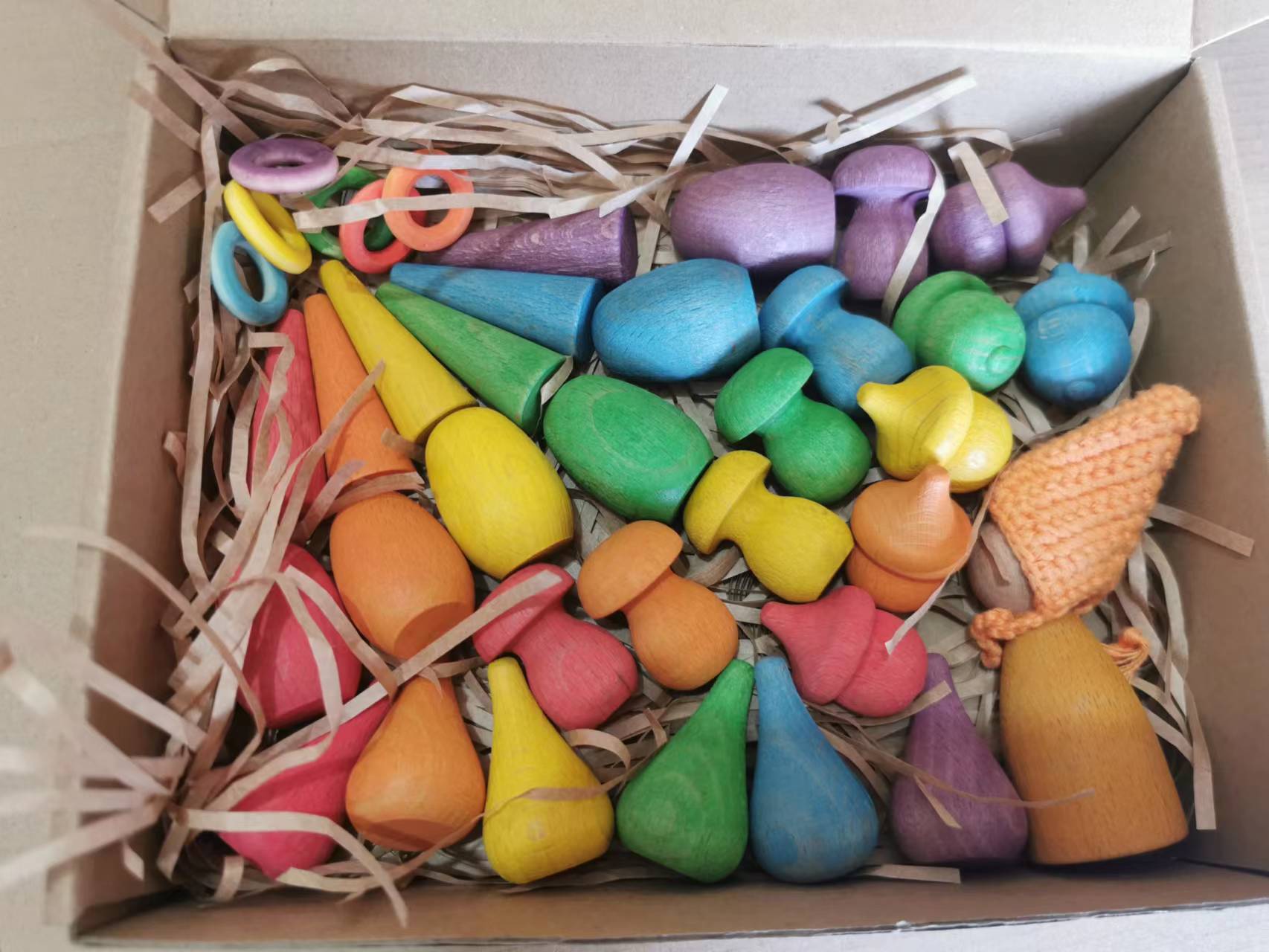 Bloques de Mandala de arcoíris de madera para niños, piezas sueltas Montessori, juguetes de setas, gotas de panal, brotes de bambú, conos de árbol de bellotas: Naranja
