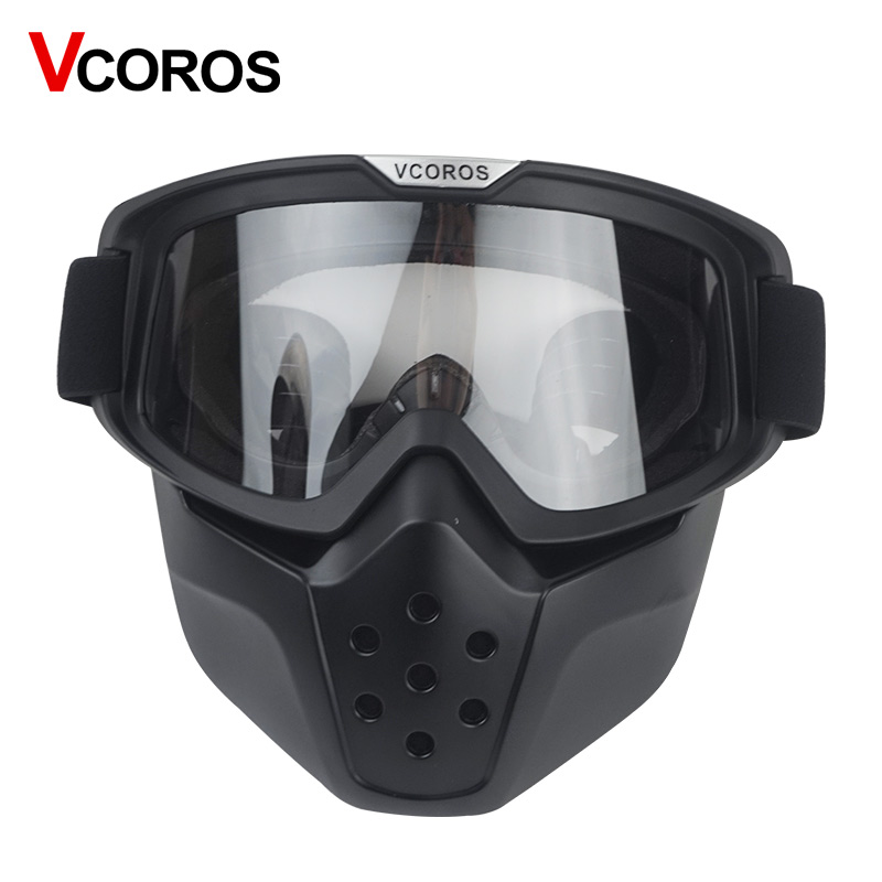 Vcoros vintage aftagelige beskyttelsesbriller og mundfilter retro maske halvåbent ansigt motorcykel hjelme masker ski skøjte cosplay beskyttelsesbriller: Klar linse