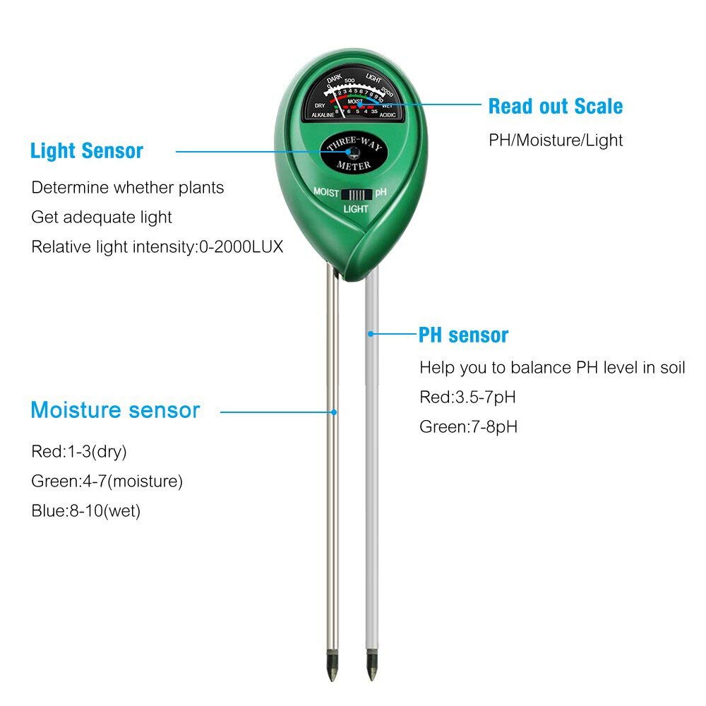 Jord tester 3- i -1 jord test kit til fugt lys surhed fugt sollys haveplanter blomster fugt tester instrument værktøj