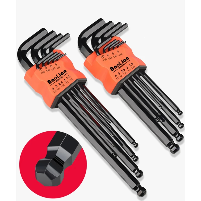Juego de 9 Uds de llaves hexagonales, herramienta de llave Allen, llave cuadrada Torx, extremo de bola larga Hexagonal interior, llave L de 1,5 - 10mm con mango en T