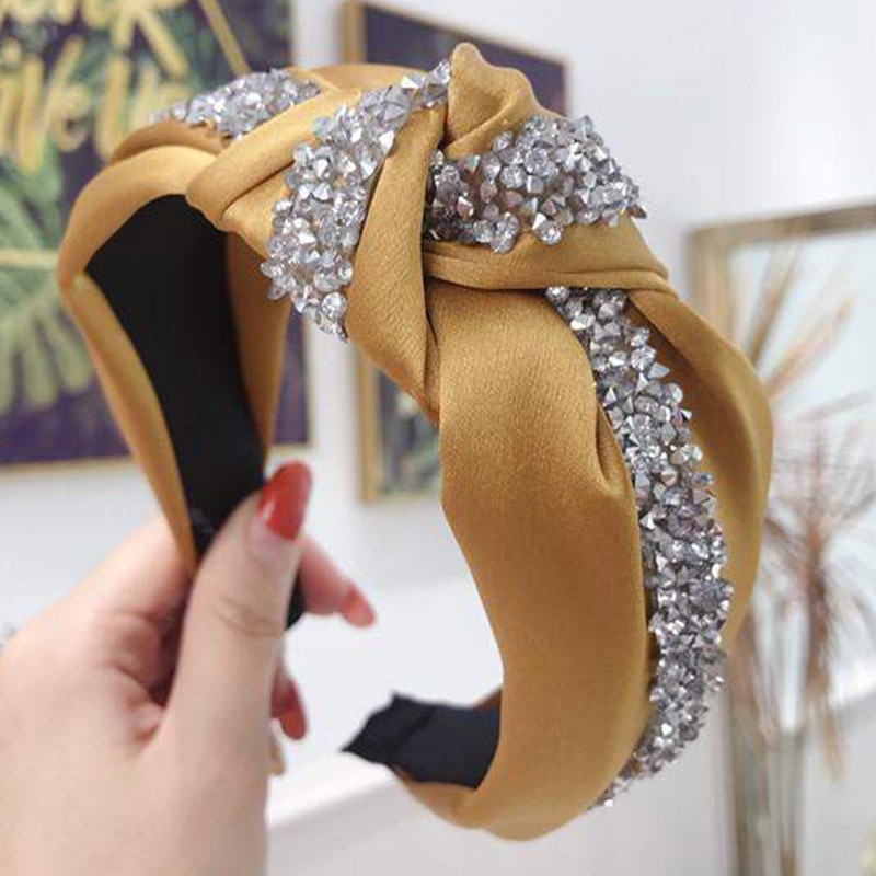 Di lusso del Rhinestone di Modo di Hairband Delle Donne Solido Lato Largo Della Fascia Centrale Nodo Turbante Dei Capelli Delle Ragazze Accessori Copricapi